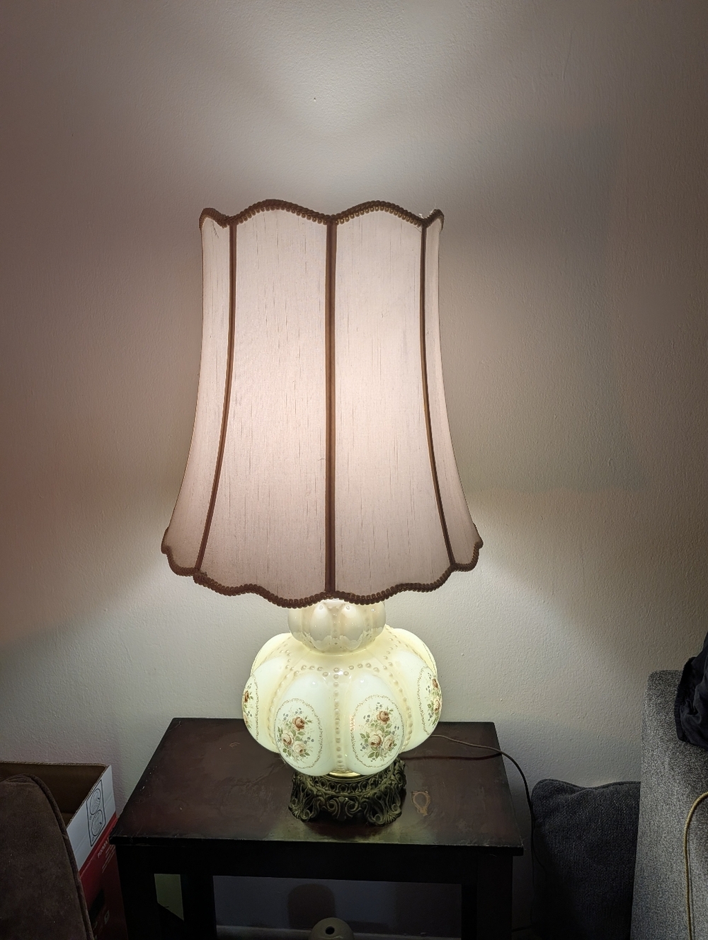 Vintage 1970 Falkenstein  Glass Bubble Classic Cream Floral Table Lamp